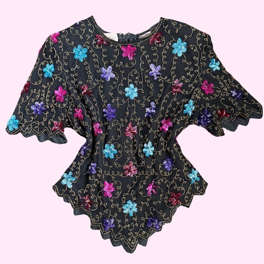 80s Vintage Laurence Kazar Silk Beaded Sequin Embellished Flower Top Size XL